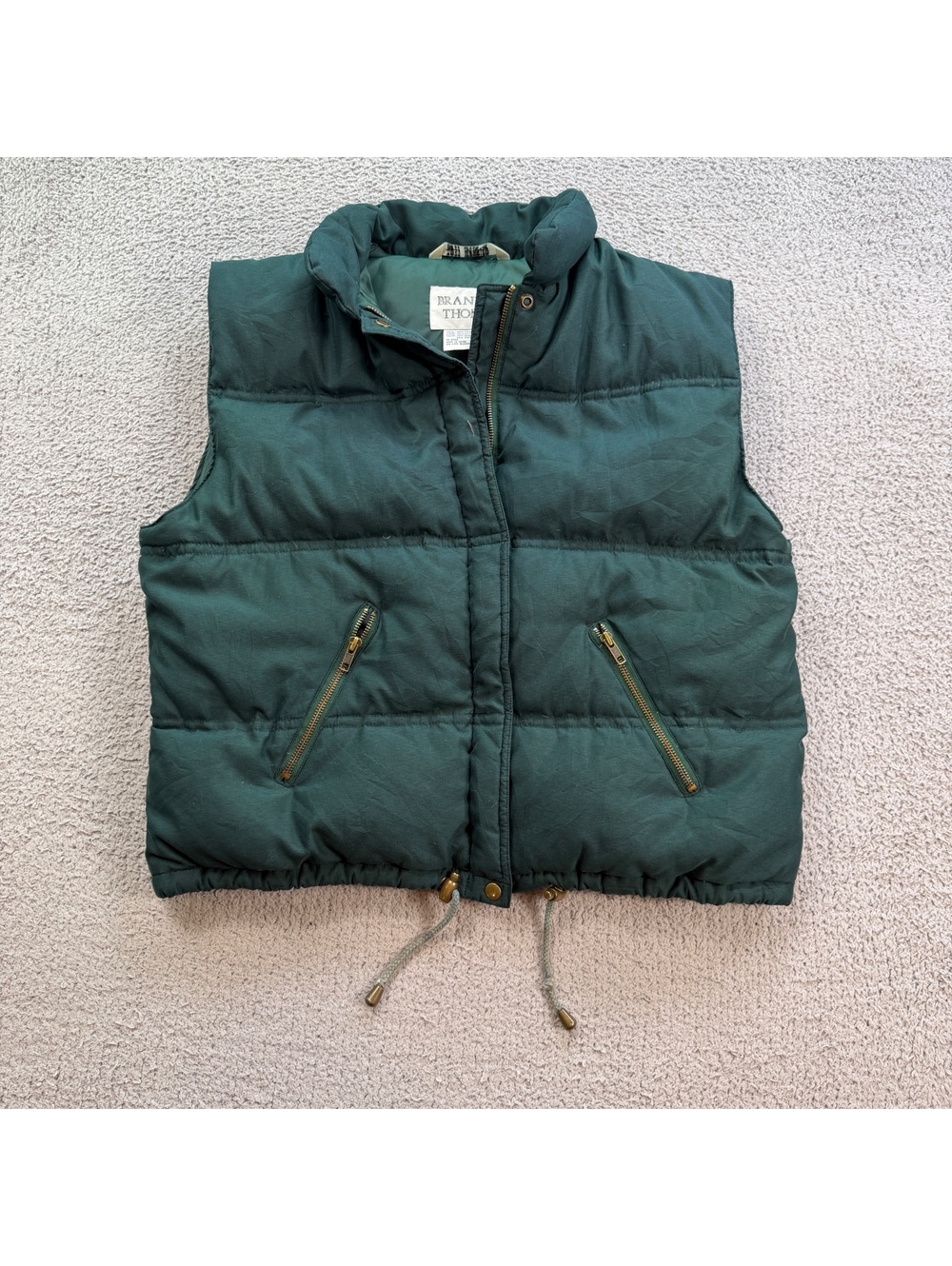 Vintage Brandon Thomas Green Down Feather Puffer Vest Small Brass Zip Outdoor